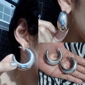 Women fashion silver thick medium hoop earrings